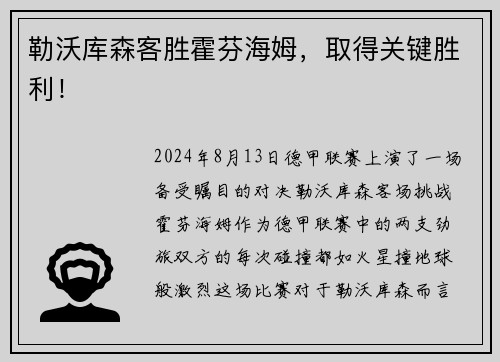 勒沃库森客胜霍芬海姆，取得关键胜利！