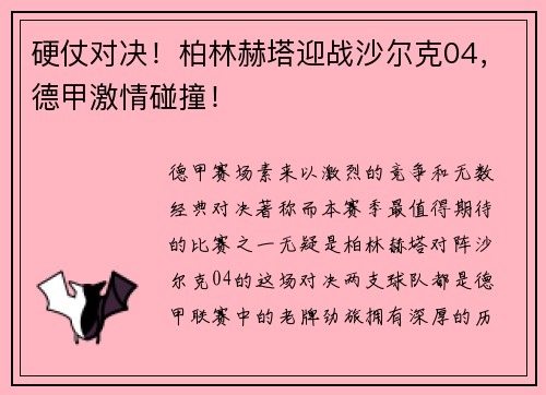 硬仗对决！柏林赫塔迎战沙尔克04，德甲激情碰撞！
