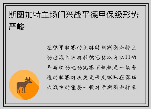 斯图加特主场门兴战平德甲保级形势严峻